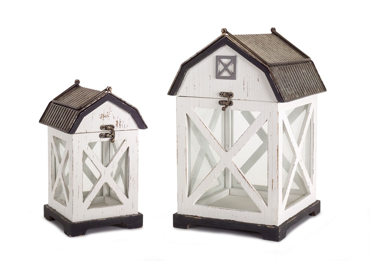 Melrose Barn Candle Lanterns - 14.5" - White and Brown - Set of 2